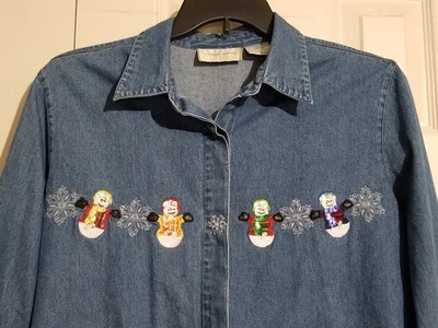 Camisa de manga larga de algodón con botones de Navidad muñeco de nieve de mezclilla para mujer Lemon Grass talla L Foto 1 de 4
