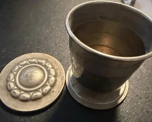 Vintage Folding Travel Cup - Nickel-Plated Brass - Unique Patina & Repairs - Picture 1 of 12