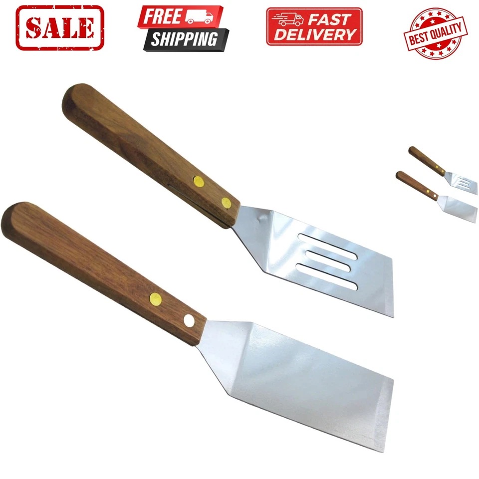 Set of 2 Stainless Steel Mini Cookie Spatulas Wood Handle Slotted Blade C4465