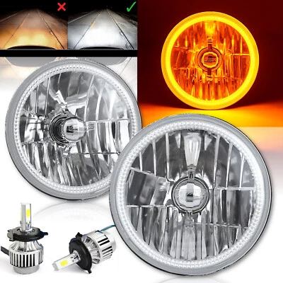 7" Amber SMD LED Halo Angel Eye Crystal Clear H4 Headlight & 6500k LED Bulb Pair - Image 1 of 4