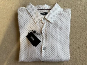 Hugo Boss Men's Ronni Linen Shirt Printed White/Burgundy UK L - Picture 1 of 7