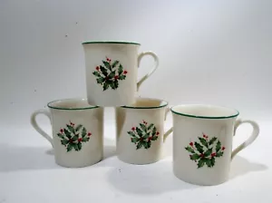Vtg Lexox China Holiday Holly & Berry 4 - 3.5” Mugs Green Rims - Foto 1 di 6