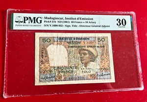 1961 MADAGASCAR INSTITUT D'EMISSION 50 FRANCS 10 ARIARY PICK# 51b PMG 30 FINE - Picture 1 of 2