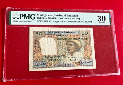 1961 MADAGASCAR INSTITUT D'EMISSION 50 FRANCS 10 ARIARY PICK# 51b PMG 30 FINE - Image 1 of 2