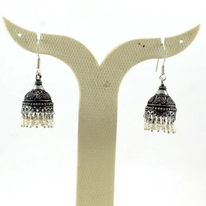 Earrings Natural White Water Pearl Gemstone Handmade Beaded Oxidized Jhumki - Picture 1 of 2