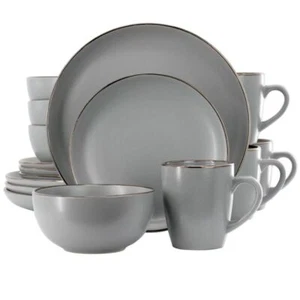 Gibson Home Rockaway 16 Piece Stoneware Gold Rimmed Dinnerware Set in Grey - Picture 1 of 1