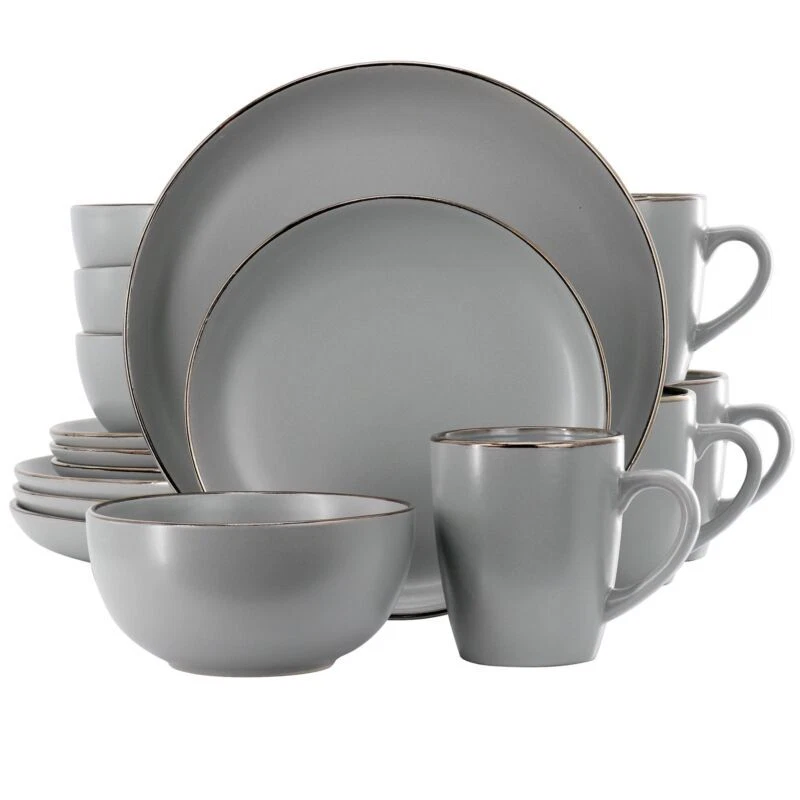 Gibson Home Rockaway 16 Piece Stoneware Gold Rimmed Dinnerware Set in Grey - Image 1 of 1