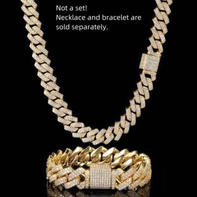 Collar o pulsera de cadena de eslabones cubanos Miami chapado en oro circonita helada de 14 mm 2 filas Foto 1 de 4