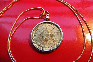 Argentine Golden Sun Coin Pendant on a 22 " 18k Gold Filled Sterling Chain - Picture 1 of 5