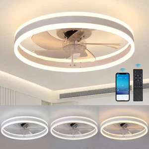 20 inch Modern White Ceiling Fan Light Kit Flush Mount With APP Remote Control - Picture 1 of 12