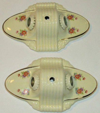 VINTAGE PAIR OF PORCELIER 2-BULB LIGHT FIXTURES! CERAMIC! FLOWERS & GOLD TRIM! Cover