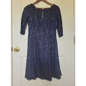 Eliza J Women Navy Blue Lace Fit & Flare Cocktail Illusion Neck Dress Size 4 - Picture 1 of 15