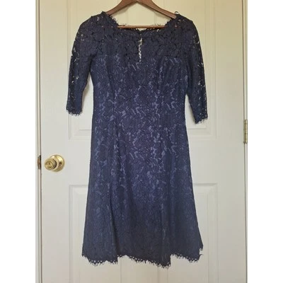 Eliza J Women Navy Blue Lace Fit & Flare Cocktail Illusion Neck Dress Size 4  - Image 1 of 4