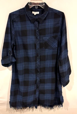 Vestido Camisa Playa Almuerzo Salón Franela M Azul/Negro Cuadros Deshilachado Mangas Enrollables Foto 1 de 4