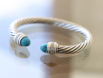 David Yurman Sterling Silver 7mm Cable Classic Bracelet Turquoise with Diamonds - Image 1 of 4