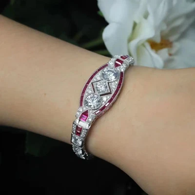 15Ct Lab Created Diamond & Ruby 14K White Gold Plated Vintage Antique Bracelets - Image 1 of 4
