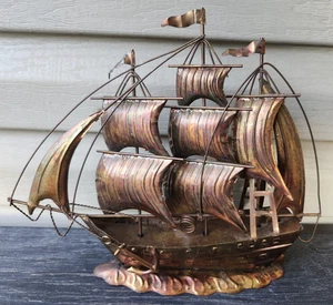 Vintage Metal Ship Sculpture Copper Finish Pirate Nautical Hong Kong Patina MCM - Picture 1 of 4
