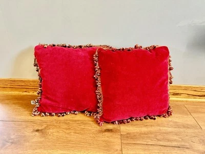 2 Vntg 15" Red Velvet or Velour Cushion with Gold & Red Round Tassels By Fashion - Image 1 of 3