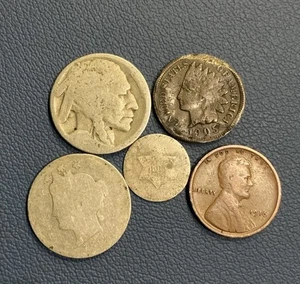 Coin Collection - Three Cent Silver, 1905 + 1916 Cents, Buffalo + Liberty Nickel - Picture 1 of 2