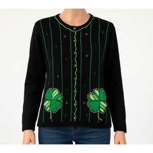 Quacker Factory Cardigan St Patricks Day Novelty Shamrock Beaded Black Green 1X - Picture 1 of 12