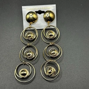 Vintage NOS Large Gold Tone Dangle Earrings Chandelier Pierced 80s 4" Dangle - Picture 1 of 4