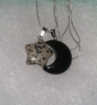 "Collar de plata hecho a mano estrella de jaspe dálmata y luna de ónix negro 24""" Foto 1 de 4