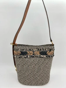 ERIC JAVITS Fringe Trim Raffia Shoulder Bag Leather Strap Black and Beige Purse - Picture 1 of 8