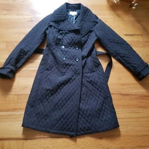 Merona Quilted Trench Coat Womens XS Black Double-Breasted Belted Jacket Pockets - Picture 1 of 11
