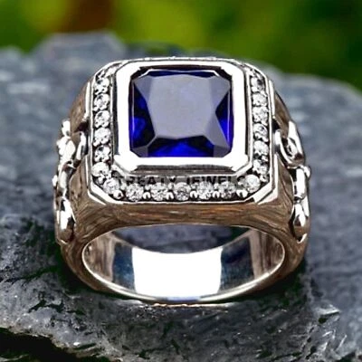 Piedras preciosas de zafiro azul talla esmeralda con anillo de plata de ley 925 para hombre #297 Foto 1 de 4