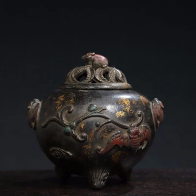 5.1" Old Antique qing dynasty Bronze gilt Five Bats Three foot Incense Burner - Image 1 of 4