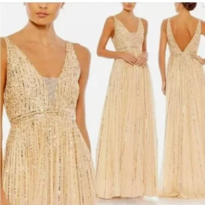 Mac Duggal A-line Sequin Plunge Neck Gown in Gold Sunset Wedding Prom Size 2 - Picture 1 of 16