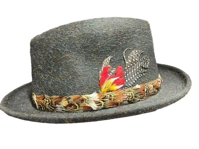 Mens 7 Vtg Pilgrim Fedora Hat Feather Belt 2" Brim Fur Felt Dk Green Octoberfest - Image 1 of 4