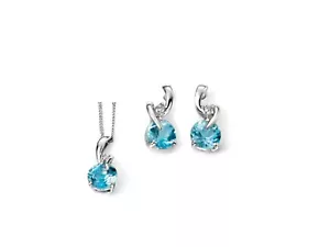 Topacio Azul y Diamante Arracadas Set Oro Blanco Macizo 16 , 18 , O 20" Cadena - Imagen 1 de 3