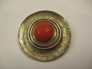 Antique German 825 Silver Brooch Pin Handerbeit Round Disc Red Center Stone - Picture 1 of 4