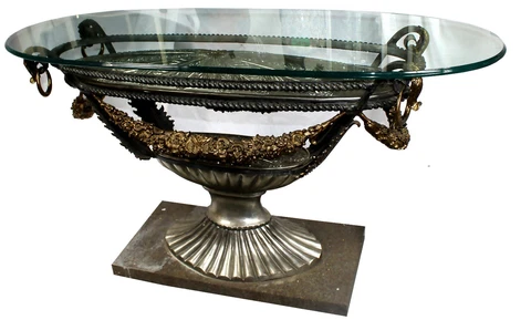 Empire Style Marble, Glass, Embossed Steel, & Brass Oval Console Table Cover