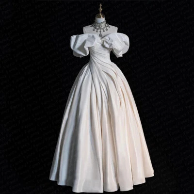 Vintage White Ivory Wedding Dresses Off the Shoulder Ruching Satin Bridal Gowns - Image 1 of 4