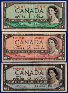 Canada  Queen Elizabeth -1954 Lot - $1 to $20  - 5 Circulated Notes - ML#58 - Picture 1 of 4