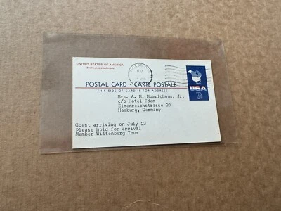 US 1964 Postal Card #UX49 to Germany +Scarce Usage +Authentic +Hotel Reservation - Image 1 of 2