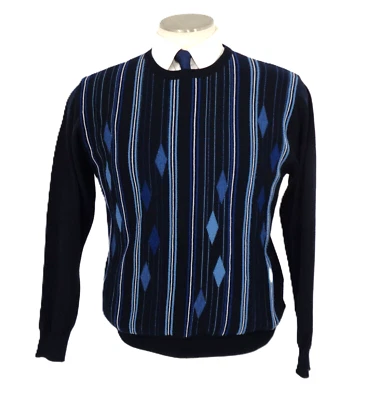 Men's Navy Sweater  Montechiaro Italy Blue Diamond Knit Striped Pullover Size M - Image 1 of 4