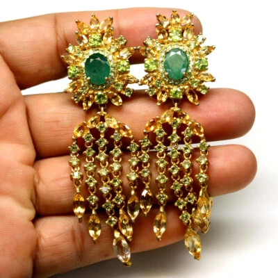 925 Sterling Silver Green Emerald, Citrine & Peridot Earrings 18K Gold Plated - Image 1 of 4