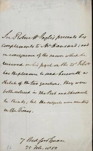 1850 ANTI-SEMITIC BRITISH M.P. ROBERT INGLIS, ALS to PARLIAMENT PRINTER HANSARD - Picture 1 of 1