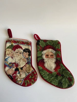 Miniature Needlepoint Wool Christmas Stocking Ornaments Set of 2 Santa 9”H - Image 1 of 4