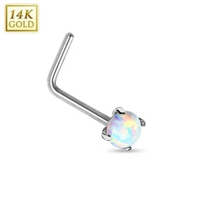 Nose Ring 14Kt. White Gold L Bend Nose Ring Prong Setting Faux Opal 20g - Picture 1 of 1