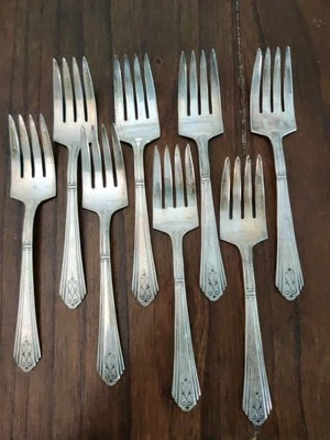 Antigo 1929 R.C.C.O. Conjunto de 8 garfos para salada de prata Crusader - Imagem 1 de 4