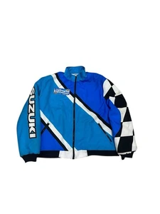 Vintage Suzuki Team Racing Coat Jacket Race Checkered Flag Blue Moto Size Large - Picture 1 of 9