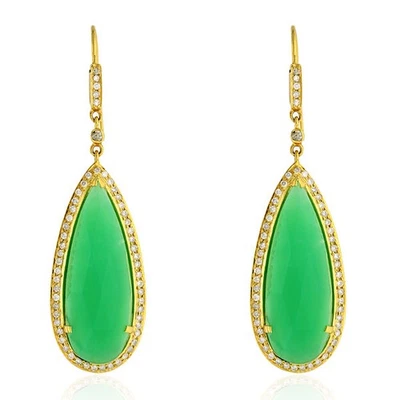 Joyería hecha a mano de oro amarillo de 18 k crisoprasa de diamantes naturales en forma de pera Foto 1 de 4