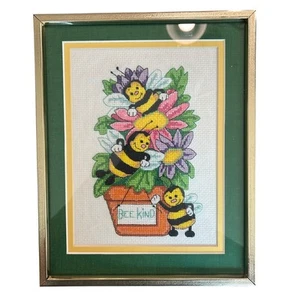 VTG Framed Needlepoint- bees be kind- flower pots green- gold cross-stitch - Picture 1 of 6