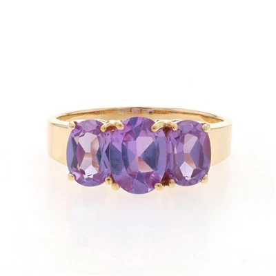 Yellow Gold Lab-Created Color Change Sapphire Three-Stone Ring 10k Oval 3.55ctw - Image 1 of 4