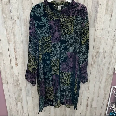 复古 Caroline 玫瑰丝绸透明天鹅绒掸子束腰外衣艺术上衣女式 XL — 第 1/4 张图片