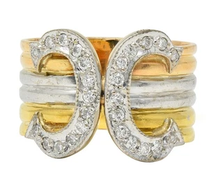 Cartier 1970's Diamond Platinum 18 Karat Tri-Gold Vintage C Cuff Band Ring - Picture 1 of 11